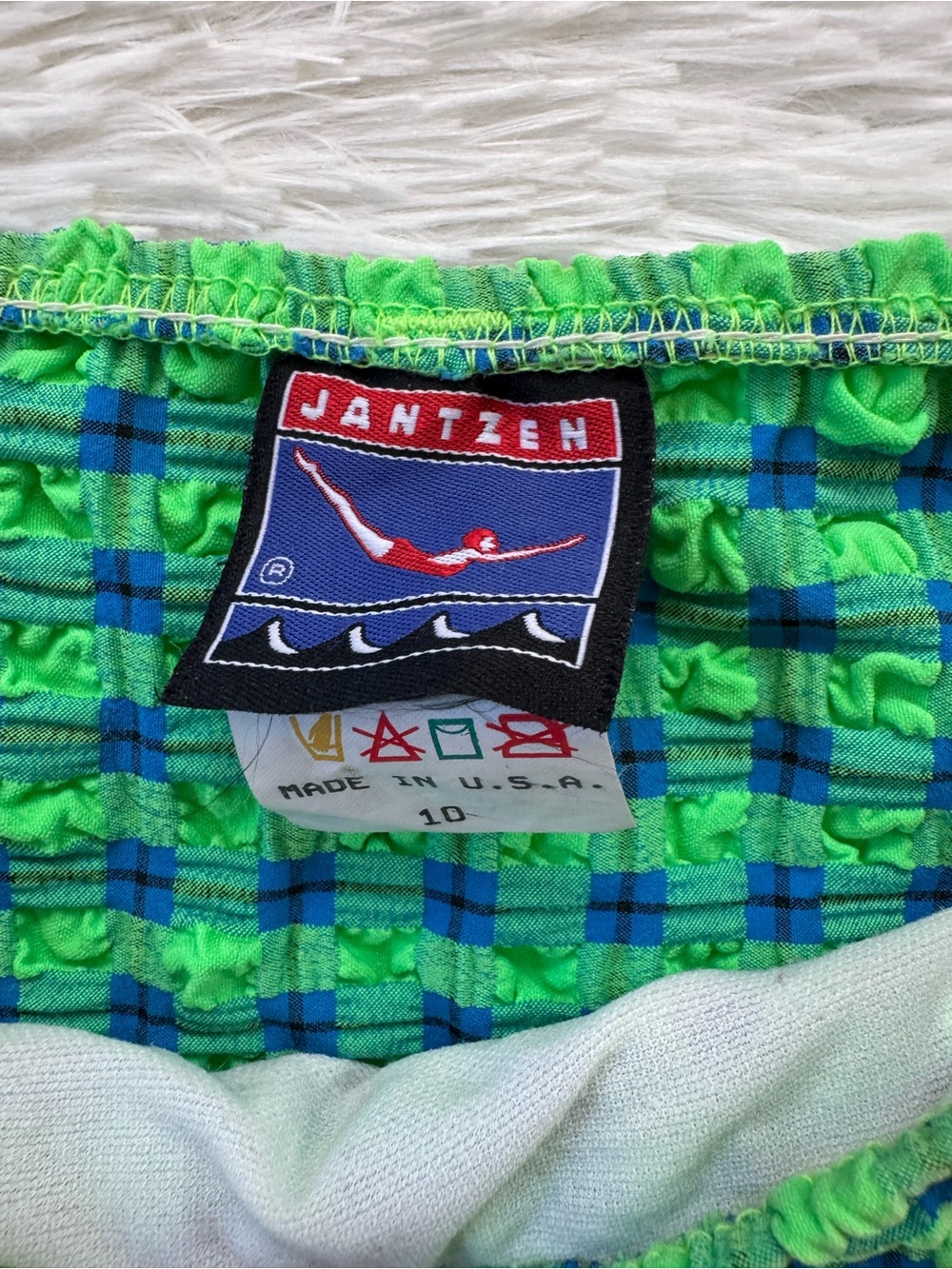 Vintage 90s Jantzen green blue gingham crinkle high cut bikini set medium - Picture 4 of 12